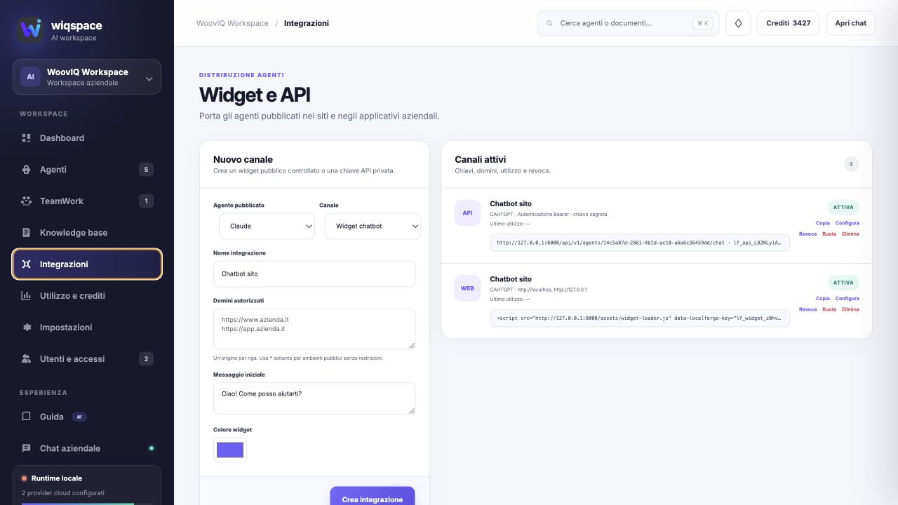 Integrazioni widget e API di Wiqspace