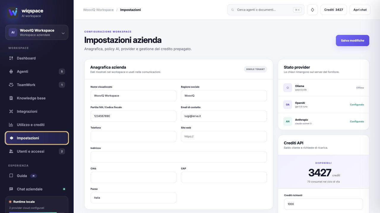 Impostazioni azienda in Wiqspace